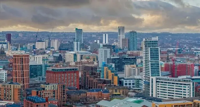 Framed Print : Leeds city centre, West Yorkshire aerial panoramic view of the city centre looking north towards retail and offices
