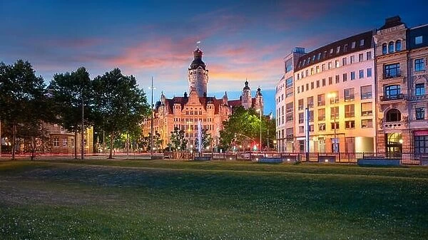 Leipzig, Germany. Cityscape image of Leipzig downtown with New Town Hall during beautiful sunset