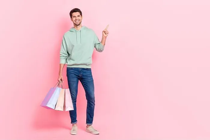 Framed Print : Full length photo of positive client customer wear khaki trendy clothes hold bags arm direct empty space isolated Framed Print : Full length photo of positive client customer wear khaki trendy clothes hold bags arm direct empty space isolated