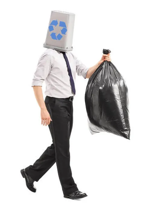 Framed Print : Full length portrait of a man with a recycle bin over his head carrying a garbage bag Framed Print : Full length portrait of a man with a recycle bin over his head carrying a garbage bag