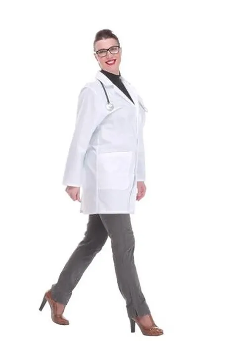 Framed Print : Full length portrait of medical doctor woman going sideways Framed Print : Full length portrait of medical doctor woman going sideways