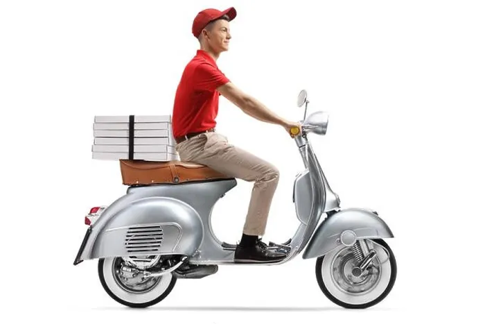 Framed Print : Full length shot of a delivery guy delivering pizza with a scooter isolated on white background Framed Print : Full length shot of a delivery guy delivering pizza with a scooter isolated on white background
