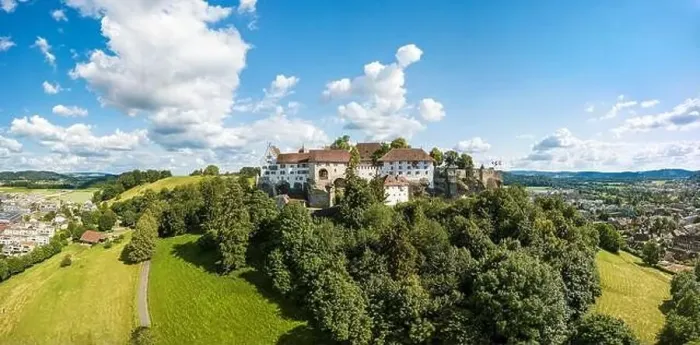Framed Print : Lenzburg, Switzerland - 22.06.2020: Aerial drone panorama of the Lenzburg castle Framed Print : Lenzburg, Switzerland - 22.06.2020: Aerial drone panorama of the Lenzburg castle