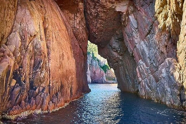 Les Calanches de Piana, cave in chalk cliffs, Golfe de Porto, Corsica Island, France