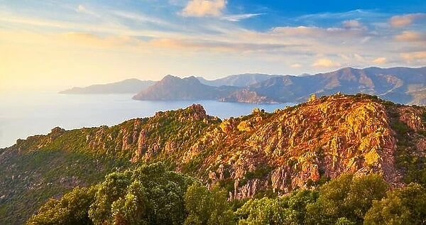 Les Calanches, volcanic red rocks formations mountains, Piana, Corsica Island, France, UNESCO