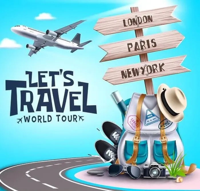 Framed Print : Let's travel world tour vector design. Let's travel world tour text with travelling elements like bag, sneakers and hat for international Framed Print : Let's travel world tour vector design. Let's travel world tour text with travelling elements like bag, sneakers and hat for international