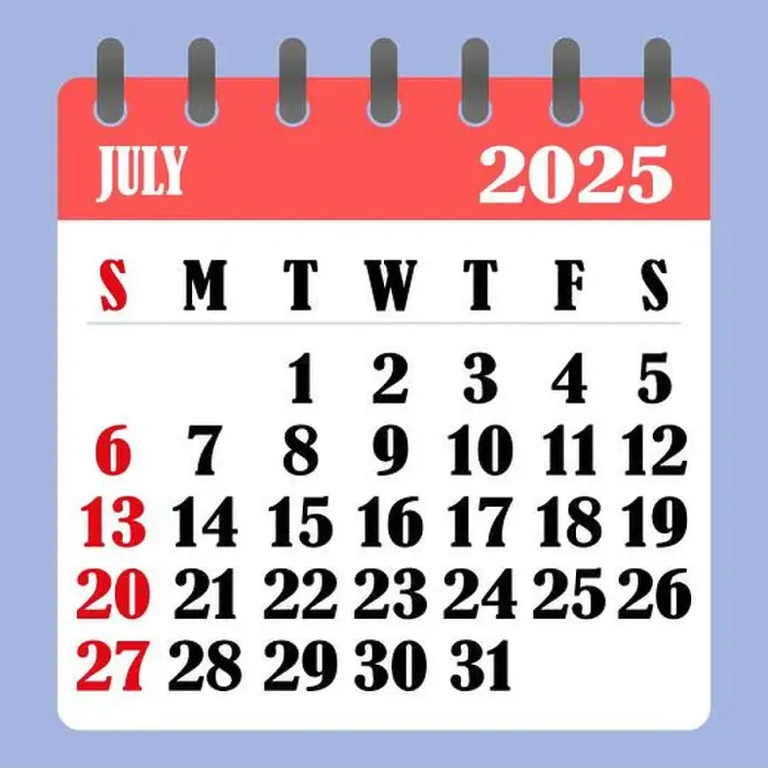 Framed Print : Letter calendar for July 2025. The week begins on Sunday Framed Print : Letter calendar for July 2025. The week begins on Sunday