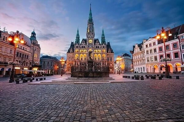 Liberec, Czech Republic. Cityscape image of downtown Liberec, Czech Republic with Liberec Town Hall and Fountain of Neptun at summer sunset