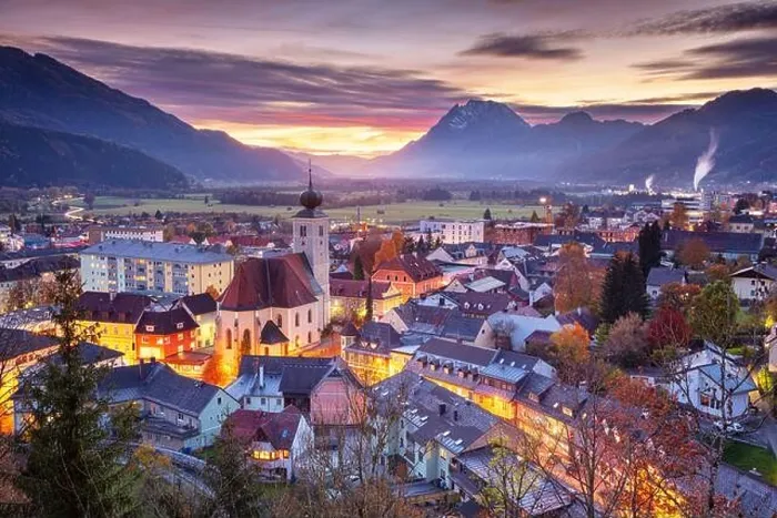 Framed Print : Liezen, Austria. Cityscape image of Liezen, Austria at beautiful autumn sunset