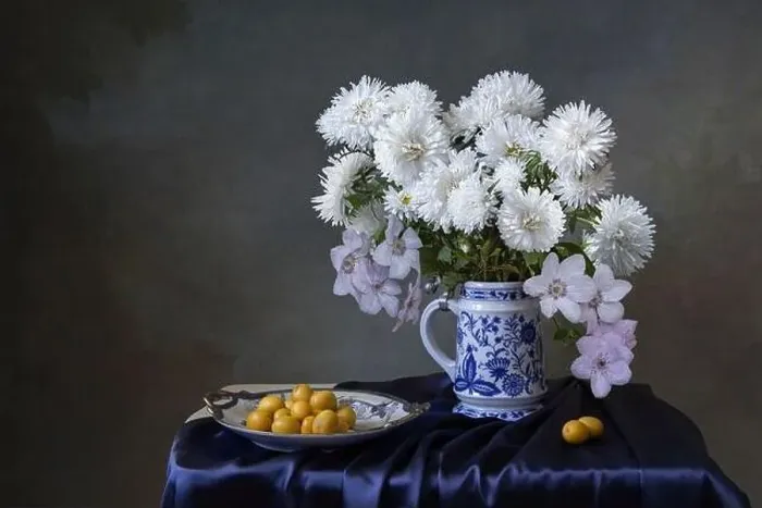 Framed Print : Still life with bouquet of asters and plums Framed Print : Still life with bouquet of asters and plums