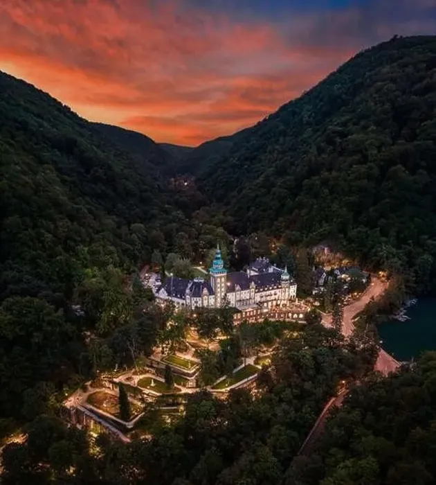 Framed Print : Lillafured, Hungary - Aerial view of the famous Lillafured Castle in the mountains of Bukk near Miskolc with a dramatic Framed Print : Lillafured, Hungary - Aerial view of the famous Lillafured Castle in the mountains of Bukk near Miskolc with a dramatic