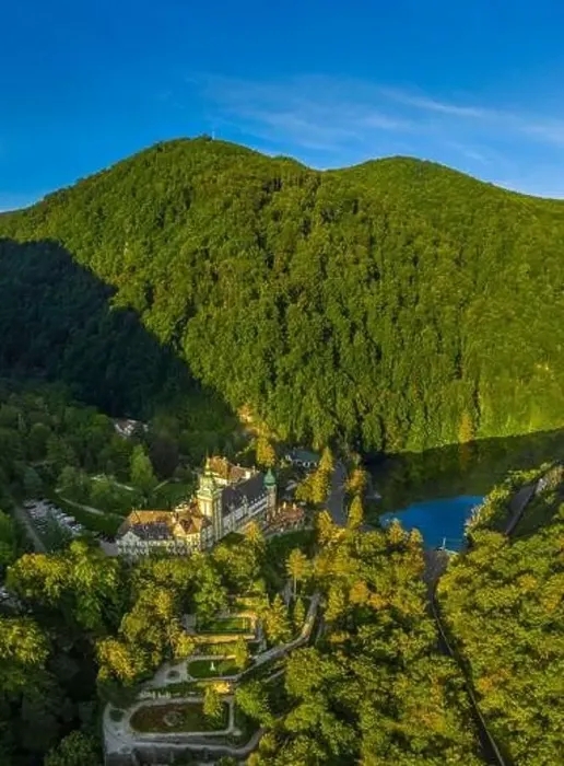 Framed Print : Lillafured, Hungary - Aerial view of the famous Lillafured Castle in the mountains of Bukk near Miskolc on a sunny Framed Print : Lillafured, Hungary - Aerial view of the famous Lillafured Castle in the mountains of Bukk near Miskolc on a sunny