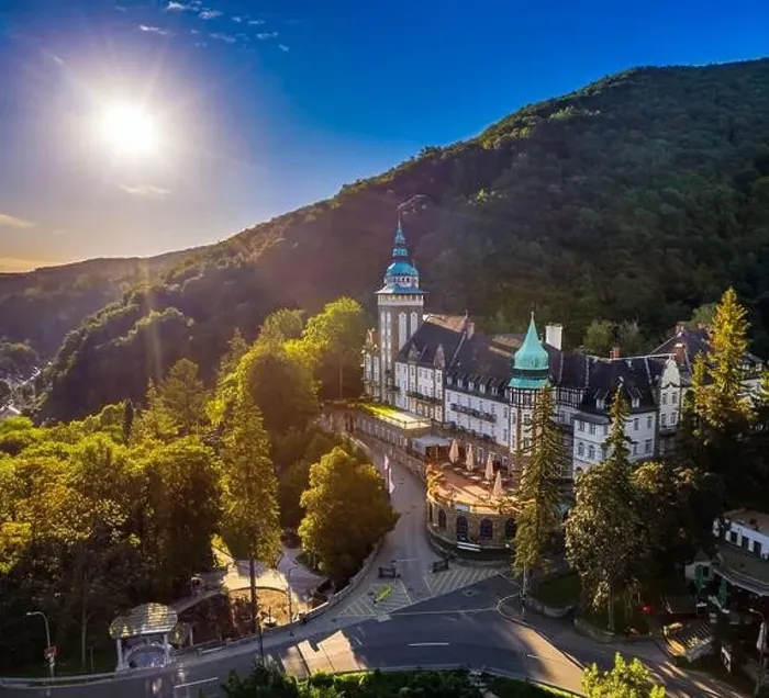 Framed Print : Lillafured, Hungary - Aerial view of the famous Lillafured Castle in the mountains of Bukk near Miskolc on a sunny Framed Print : Lillafured, Hungary - Aerial view of the famous Lillafured Castle in the mountains of Bukk near Miskolc on a sunny