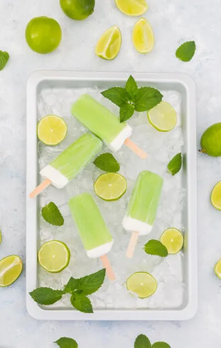 Framed Print : Lime mint popsicles, slices of limes and mint leaves on crushed ice Framed Print : Lime mint popsicles, slices of limes and mint leaves on crushed ice