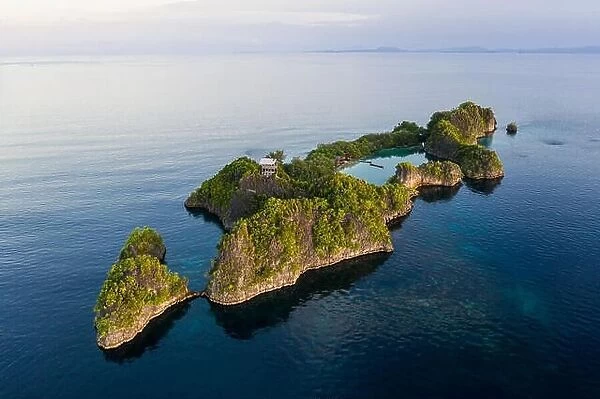 A limestone island surrounds a marine lake in Raja Ampat, Indonesia. This region is rich in marine biodiversity and is a popular diving destination