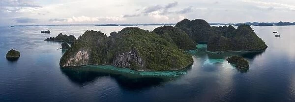 Limestone islands in Raja Ampat, Indonesia, are surrounded by healthy coral reefs. This biodiverse region is known as the heart of the Coral Triangle