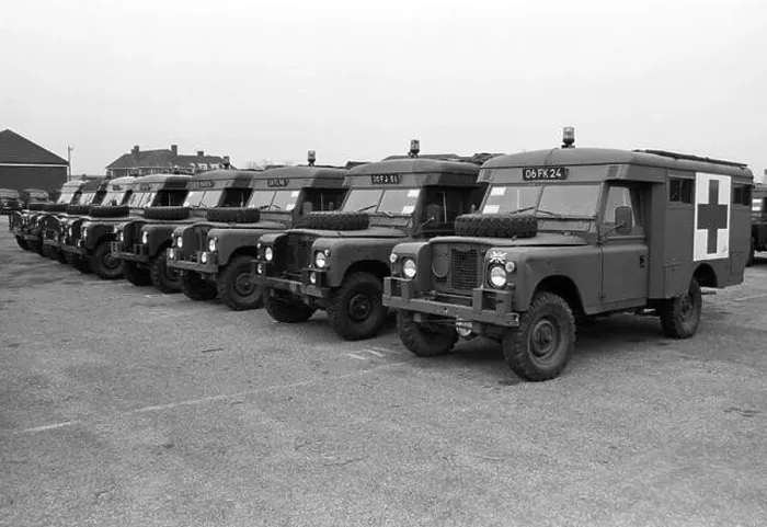 Framed Print : Line of army land rover ambulances at army base on Salisbury Plain 1990 Framed Print : Line of army land rover ambulances at army base on Salisbury Plain 1990