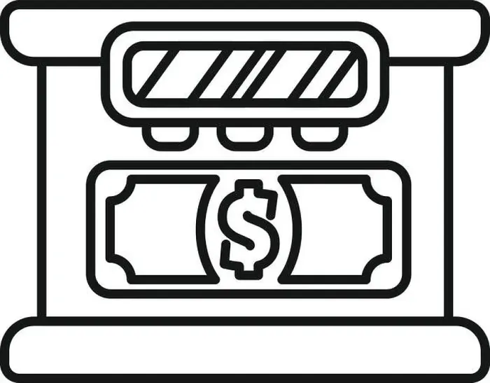 Framed Print : Line art style icon of an atm cash machine accepting a money bill