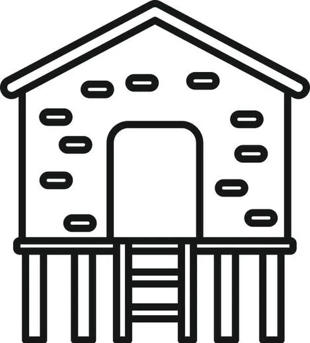 Framed Print : Line drawing of a stilt house with a ladder on wooden pillars Framed Print : Line drawing of a stilt house with a ladder on wooden pillars