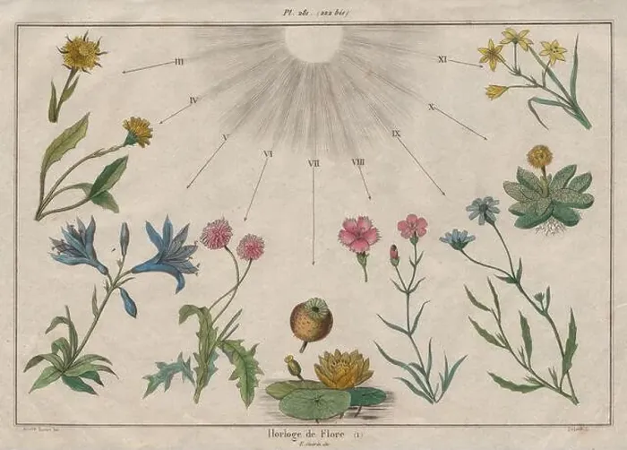 Framed Print : LINNAEUS FLOWER CLOCK: Horloge de Flore I. Horologium Florae, old print 1833 Framed Print : LINNAEUS FLOWER CLOCK: Horloge de Flore I. Horologium Florae, old print 1833