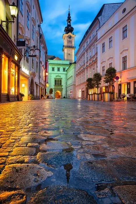 Framed Print : Linz, Austria. Cityscape image of old town Linz, Austria during twilight blue hour with reflection of the city lights Framed Print : Linz, Austria. Cityscape image of old town Linz, Austria during twilight blue hour with reflection of the city lights