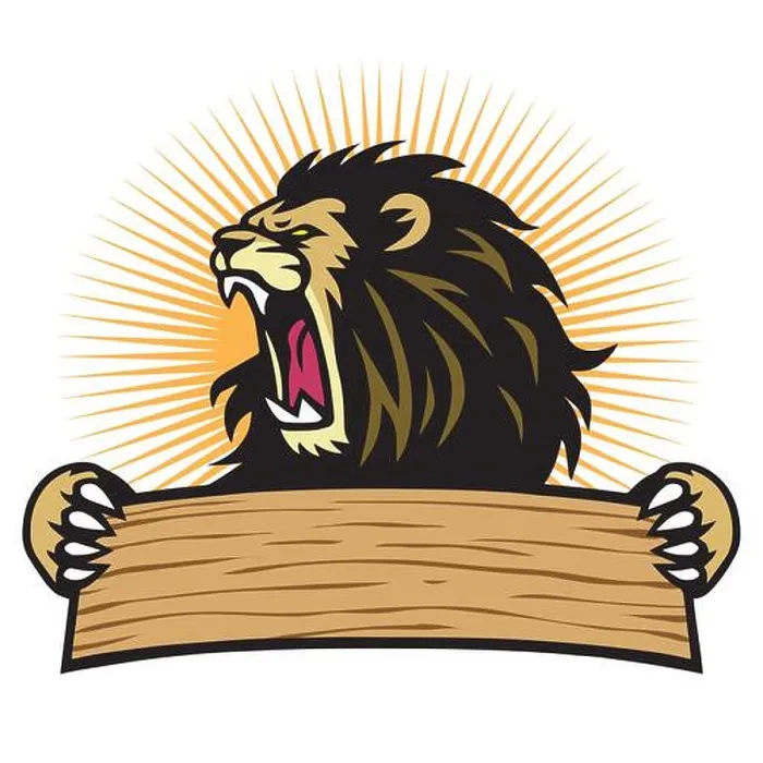 Framed Print : Lion Roaring Sport Mascot Logo Hold Blank Banner Vector Template Framed Print : Lion Roaring Sport Mascot Logo Hold Blank Banner Vector Template