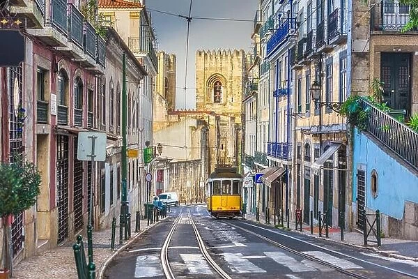 Lisbon, Porgugal cityscape and tram near Lisbon Cathedral
