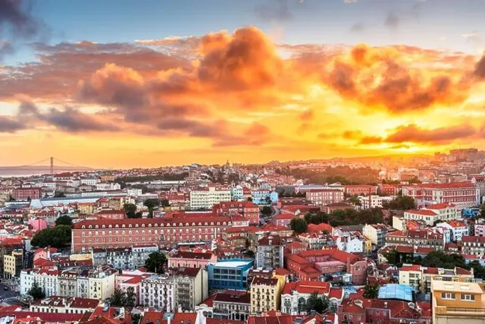 Framed Print : Lisbon, Portugal downtown skyline towards the river at dusk Framed Print : Lisbon, Portugal downtown skyline towards the river at dusk