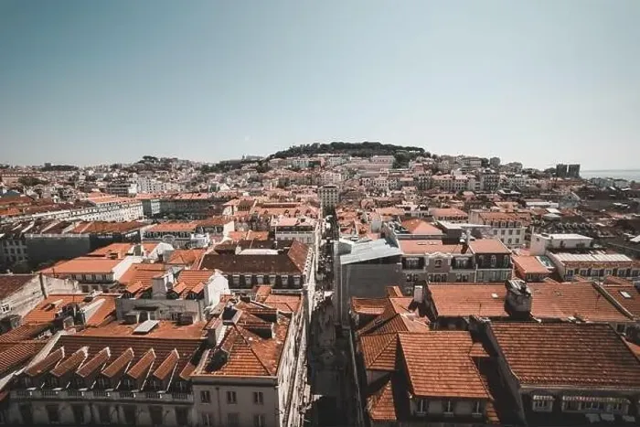 Framed Print : LISBON, PORTUGAL - MAY 7, 2018: Aerial drone view to town with orange roofs in Lisbon, Portugal Framed Print : LISBON, PORTUGAL - MAY 7, 2018: Aerial drone view to town with orange roofs in Lisbon, Portugal