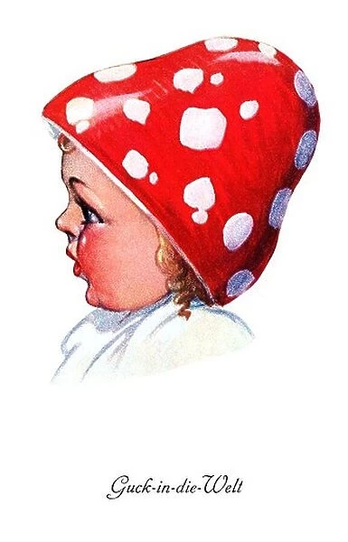 little baby girl with red dress with fly agaric hat