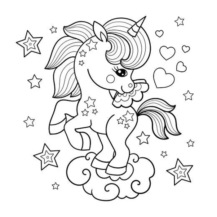 Framed Print : Little cute unicorn is drawn with black contour lines for children's coloring. Vector Framed Print : Little cute unicorn is drawn with black contour lines for children's coloring. Vector