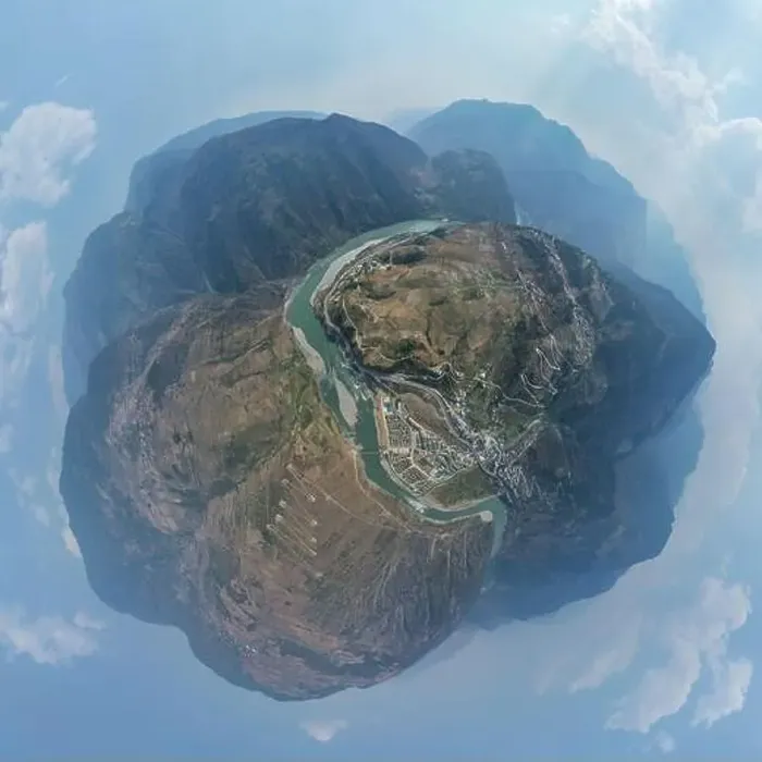 Framed Print : Little planet image of nujiang river landscape