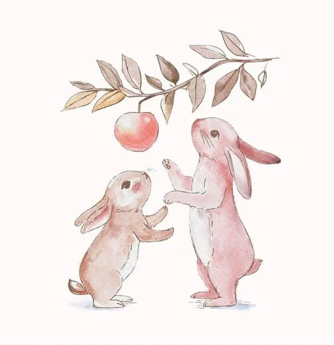 Framed Print : Two little rabbits in the apple orchard. Little rabbit gardener. Watercolor illustration Framed Print : Two little rabbits in the apple orchard. Little rabbit gardener. Watercolor illustration