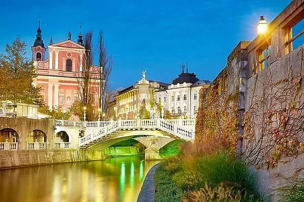 Ljubljana, view at bridge and the Franciscan Church, Slovenia