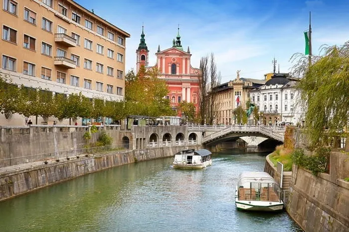 Framed Print : Ljubljana, view at bridge and the Franciscan Church, Slovenia Framed Print : Ljubljana, view at bridge and the Franciscan Church, Slovenia