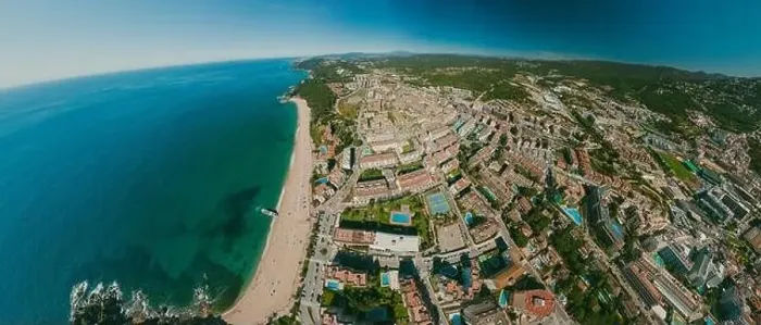 Framed Print : Lloret de Mar on Mediterranean Sea in summer Spain. 360 vr Drone shot Framed Print : Lloret de Mar on Mediterranean Sea in summer Spain. 360 vr Drone shot