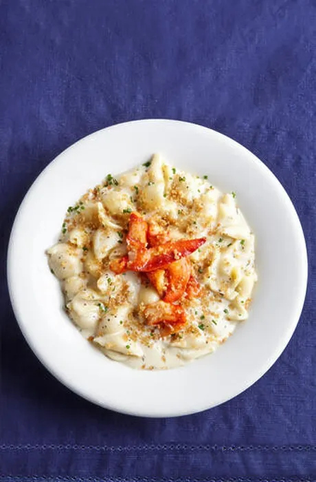 Framed Print : Lobster Mac and Cheese in a white plate with white napkin and dark navy table cloth Framed Print : Lobster Mac and Cheese in a white plate with white napkin and dark navy table cloth