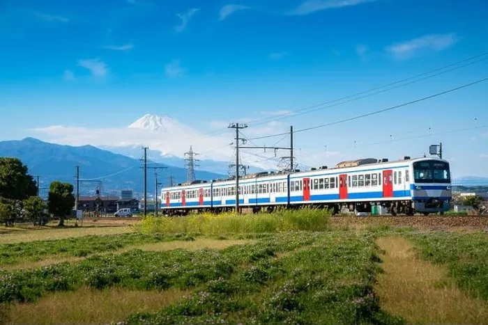 Framed Print : A local train of JR Izuhakone Tetsudo-Sunzu Line traveling through the countryside on a sunny spring day and Mt. Fuji in Mishima, Shizuoka, Japan. Rai Framed Print : A local train of JR Izuhakone Tetsudo-Sunzu Line traveling through the countryside on a sunny spring day and Mt. Fuji in Mishima, Shizuoka, Japan. Rai