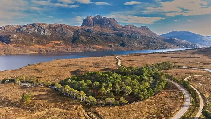 Framed Print : Loch Maree Wester Ross Scotland view over Scots Pine trees and the River Grudie to the mountains and Slioch Framed Print : Loch Maree Wester Ross Scotland view over Scots Pine trees and the River Grudie to the mountains and Slioch