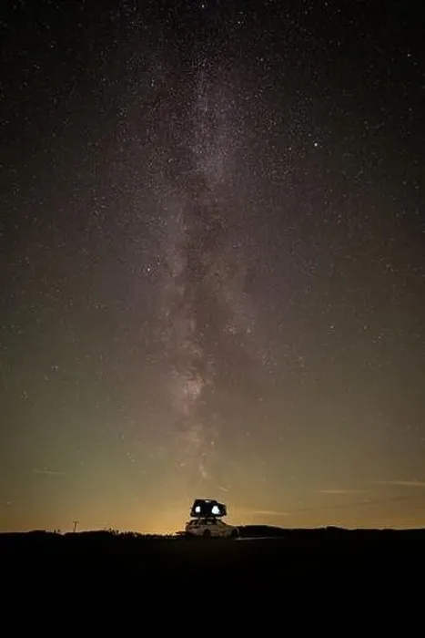 Framed Print : Long exposure view of the Milky Way on field with car rooftop tent