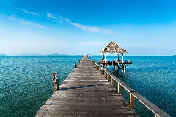 Long wooden bridge in beautiful tropical island beach - Koh Mak in Trat, Thailand