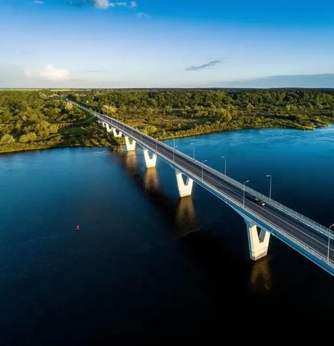 Framed Print : The longest bridge in Lithuania in Jurbarkas from the drone perspective