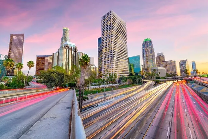 Framed Print : Los Angeles, California, USA downtown skyline over highways at dusk Framed Print : Los Angeles, California, USA downtown skyline over highways at dusk