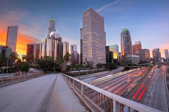 Framed Print : Los Angeles, California, USA downtown skyline and highways at twilight Framed Print : Los Angeles, California, USA downtown skyline and highways at twilight