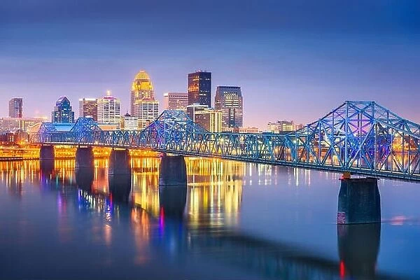 Louisville, Kentucky, USA downtown skyline on the Ohio River at dusk