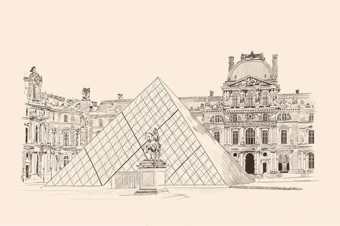 Framed Print : The Louvre Museum of Art in Paris France. Pencil sketch on a beige background Framed Print : The Louvre Museum of Art in Paris France. Pencil sketch on a beige background