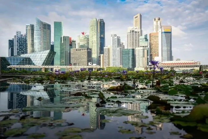 Framed Print : Low angle view of Singapore business district skyline and office skyscraper at day in Marina bay, Asian tourism, modern city life, or business finance