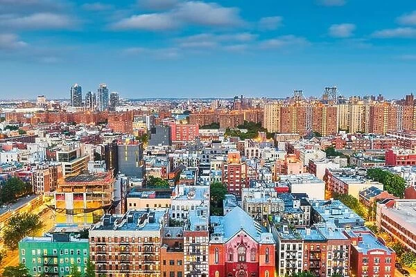 Lower East Side aerial view towards Brooklyn at twilight in New York, New York, USA