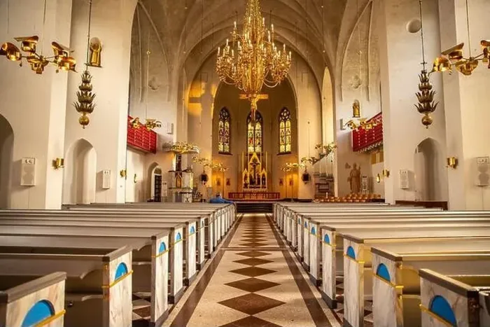 Framed Print : Lulea, Sweden - July 05, 2019: Cathedral Catholic, parishioners pray Framed Print : Lulea, Sweden - July 05, 2019: Cathedral Catholic, parishioners pray