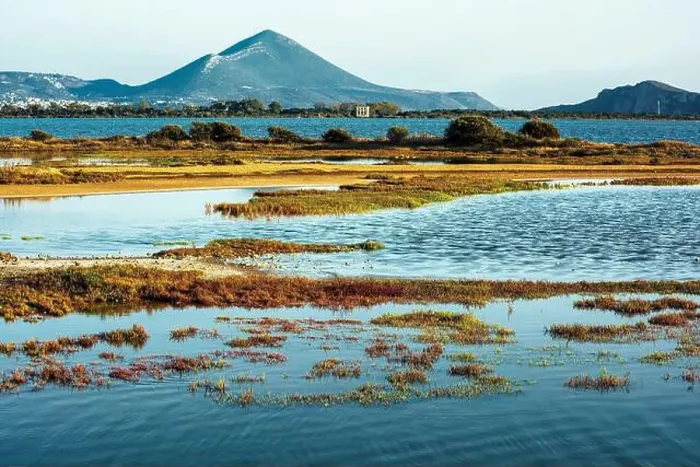 Framed Print : Lush wetlands with still waters at Gialova Lagoon Framed Print : Lush wetlands with still waters at Gialova Lagoon
